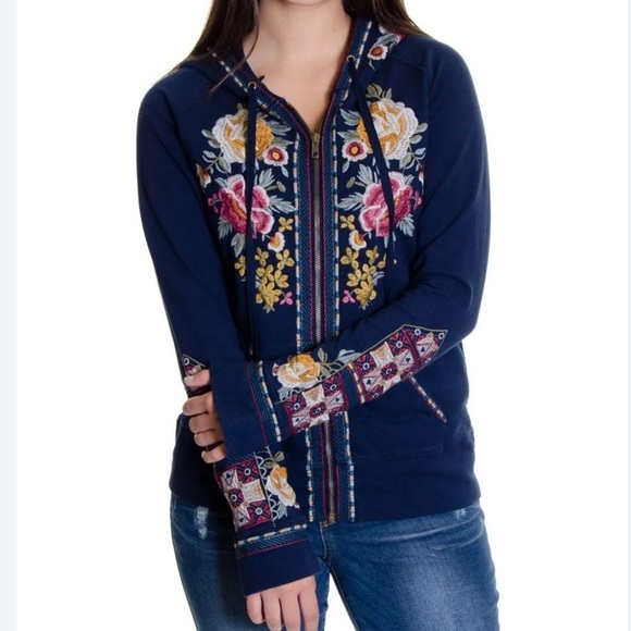 Johnny Was Jackets & Blazers - Johnny Was Heavily Embroidered Deep Navy Cherelle Zip Up Front  Hoodie oversized